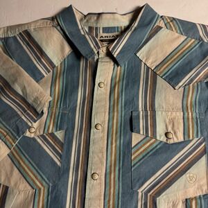 Ariat Men's Short Sleeve Button-Down Shirt in Teal, Cream, Brown Stripes
